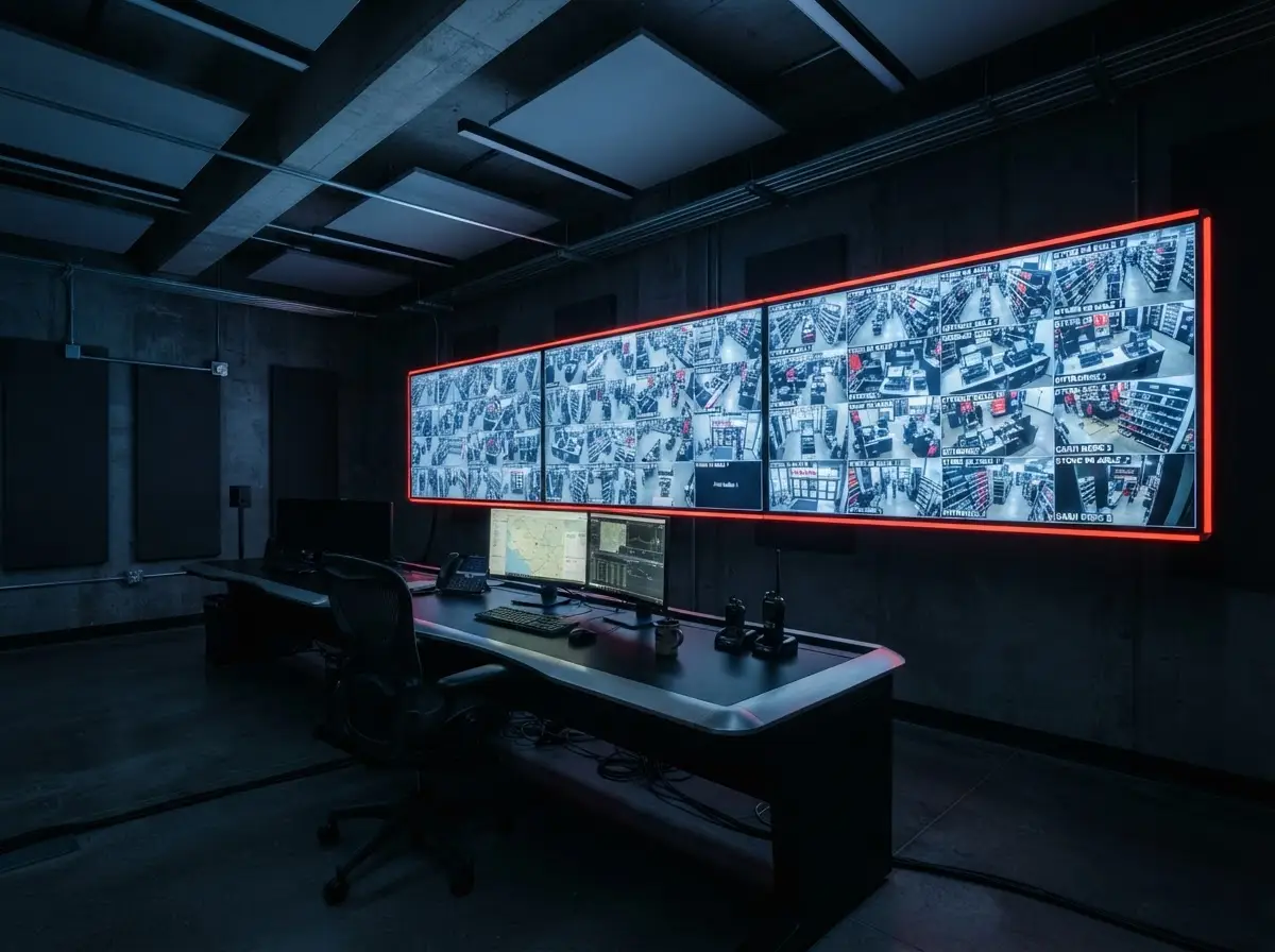Salle de contrôle avec écrans de vidéosurveillance