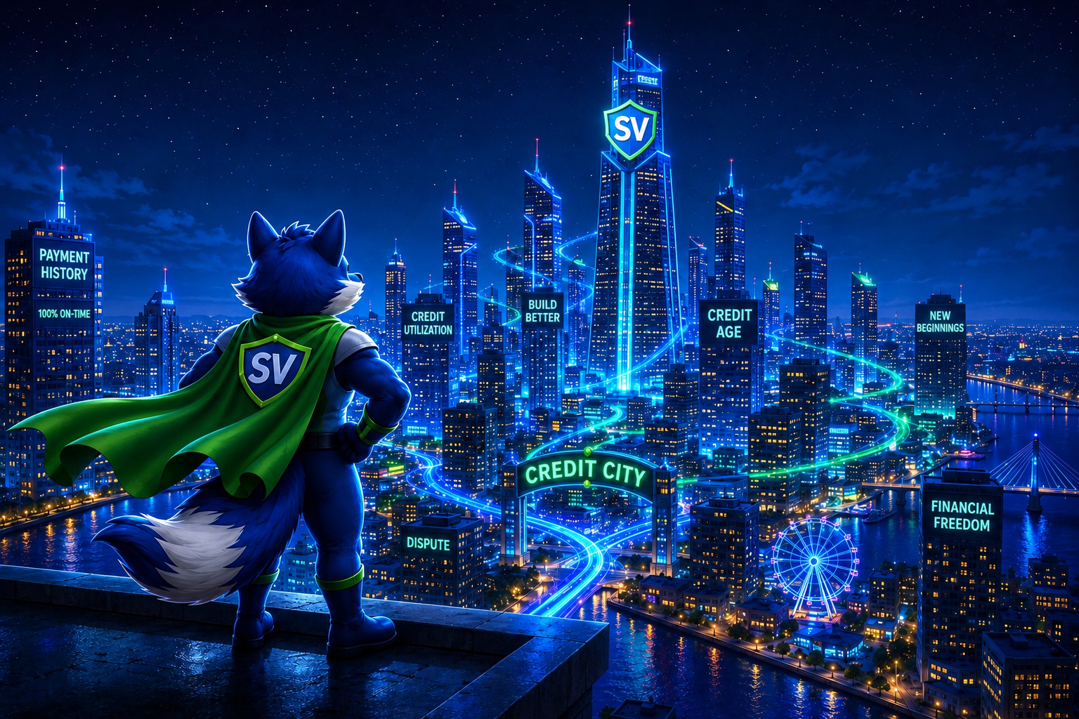 Visor overlooking Credit City skyline at night with cape billowing