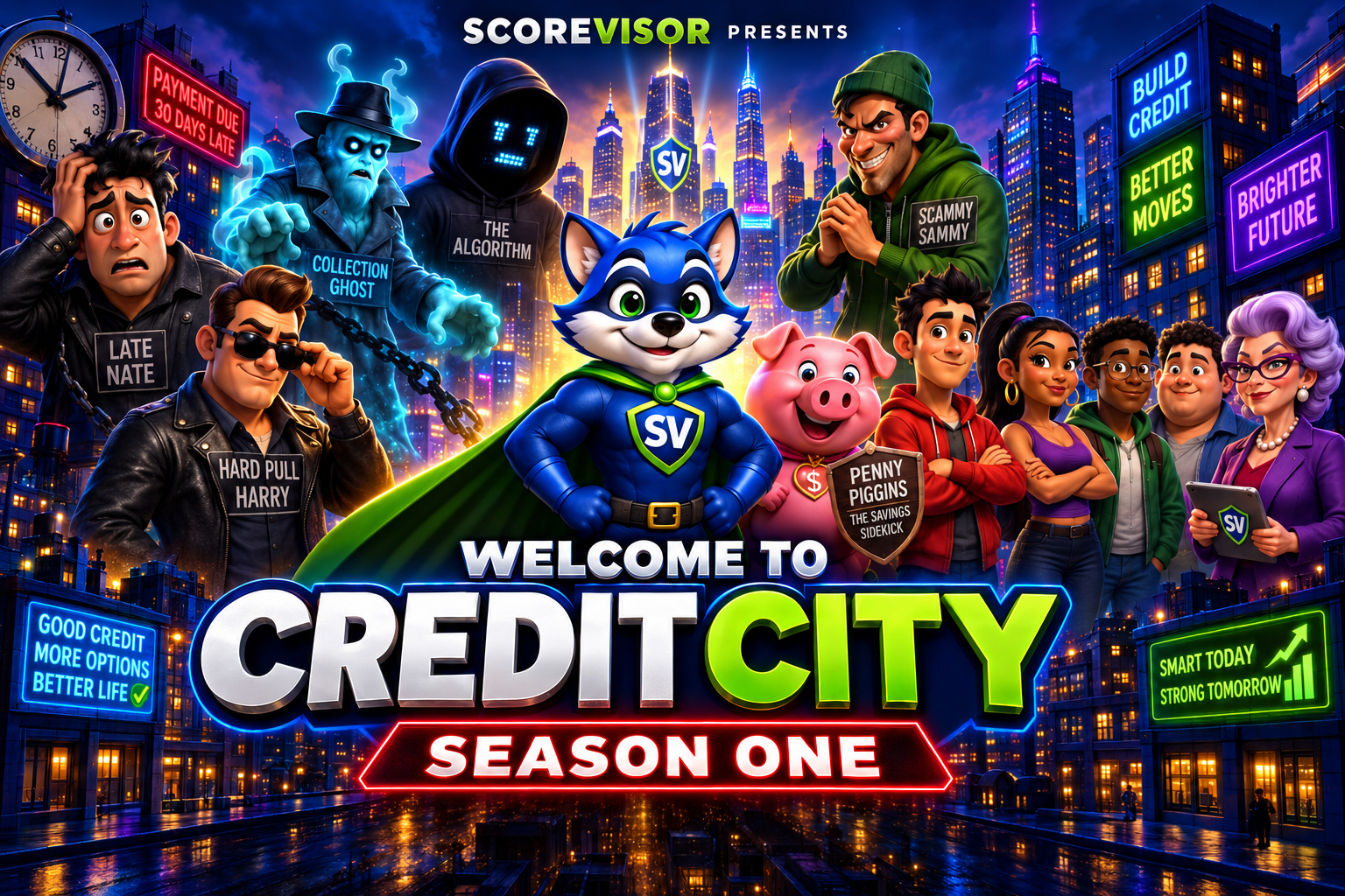 Credit City key art featuring Visor and the cast of characters
