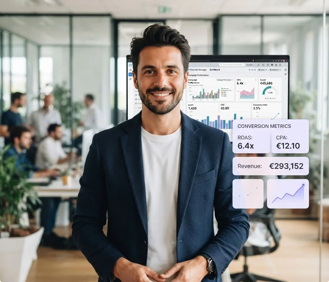Équipe Fireco en réunion stratégique devant un dashboard de campagnes Meta Ads et Google Ads