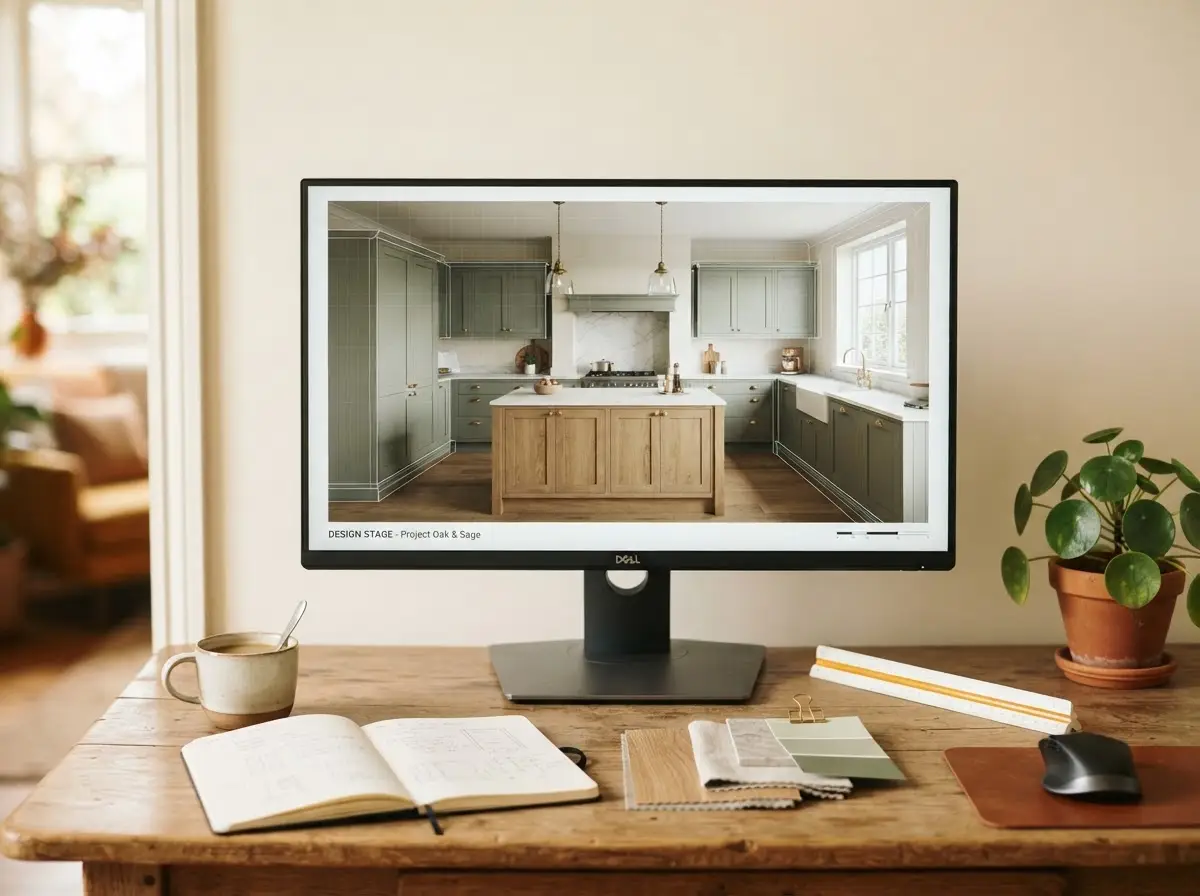 3D kitchen design visualisation displayed on a desktop monitor in a warm home office