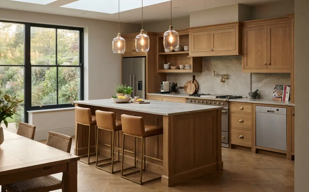 Luxury bespoke fitted kitchen with oak cabinetry, stone worktops and a central island