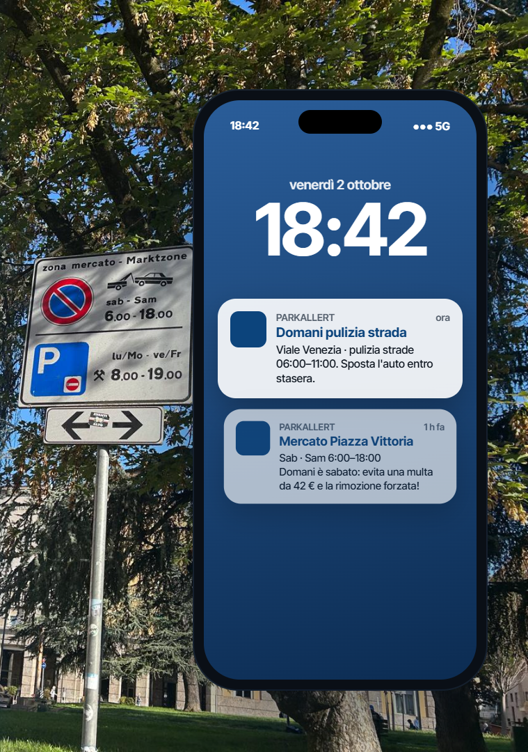 Mockup smartphone ParkAllert con notifiche di divieto di sosta a Bolzano