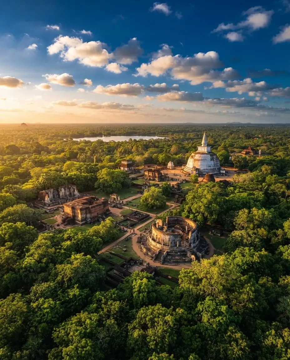 Ancient stone dagobas and ruins of Polonnaruwa surrounded by jungle