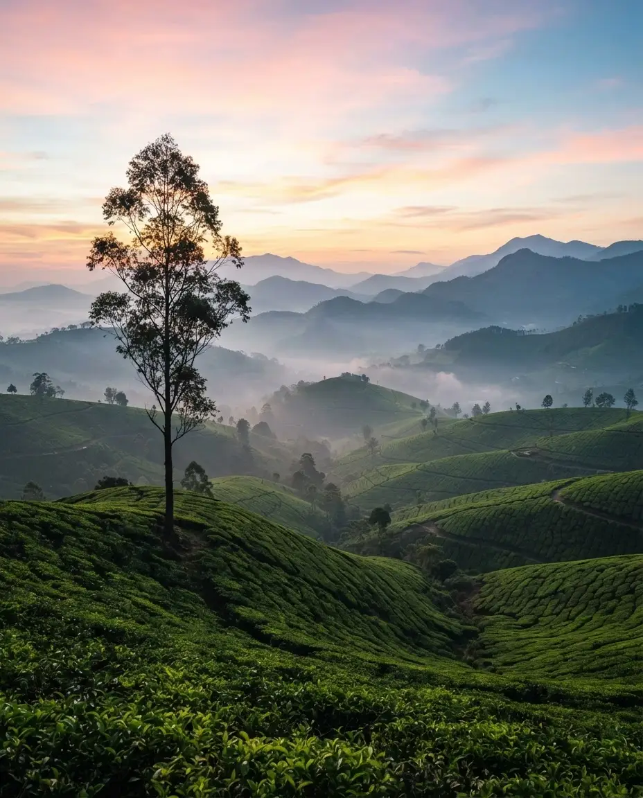 Misty tea plantations rolling across the Sri Lankan hill country at dawn