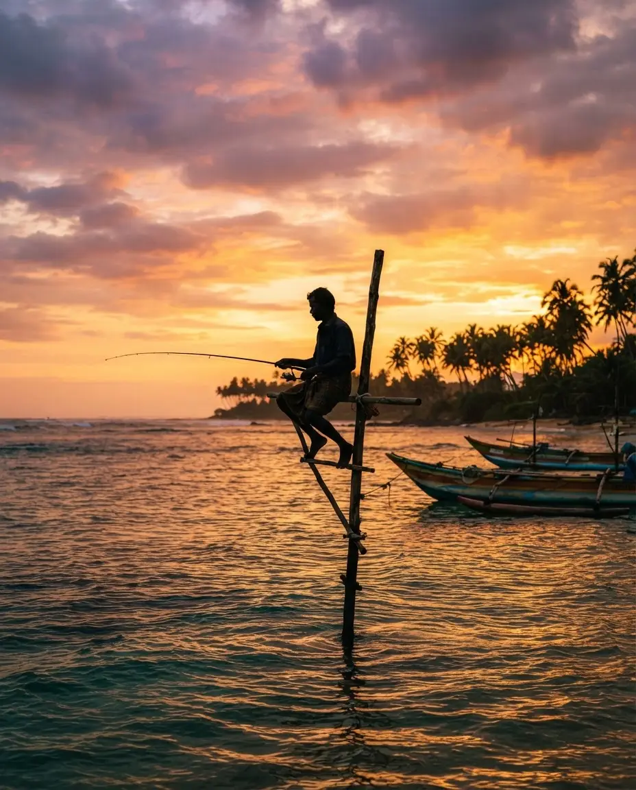 Stilt fisherman silhouetted at sunset on Sri Lanka's southern coast