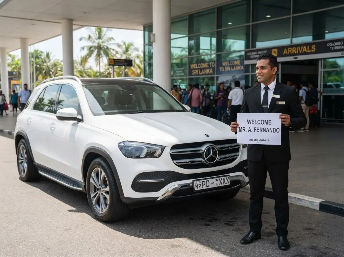 Chauffeur with a name sign beside a clean white SUV at Colombo airport arrivals