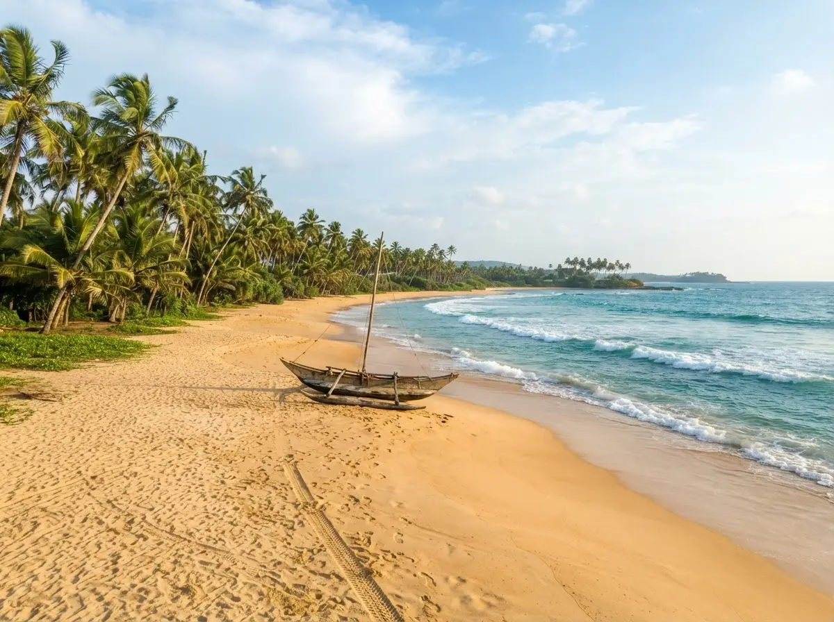 Palm-fringed beach with a traditional fishing catamaran on Sri Lanka's southern coast