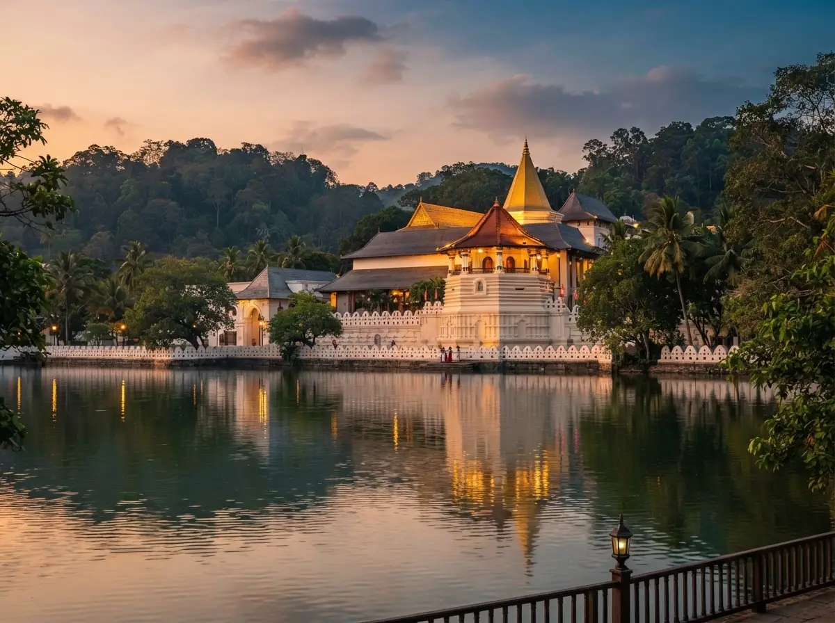 The Temple of the Tooth Relic in Kandy glowing at golden hour beside the lake