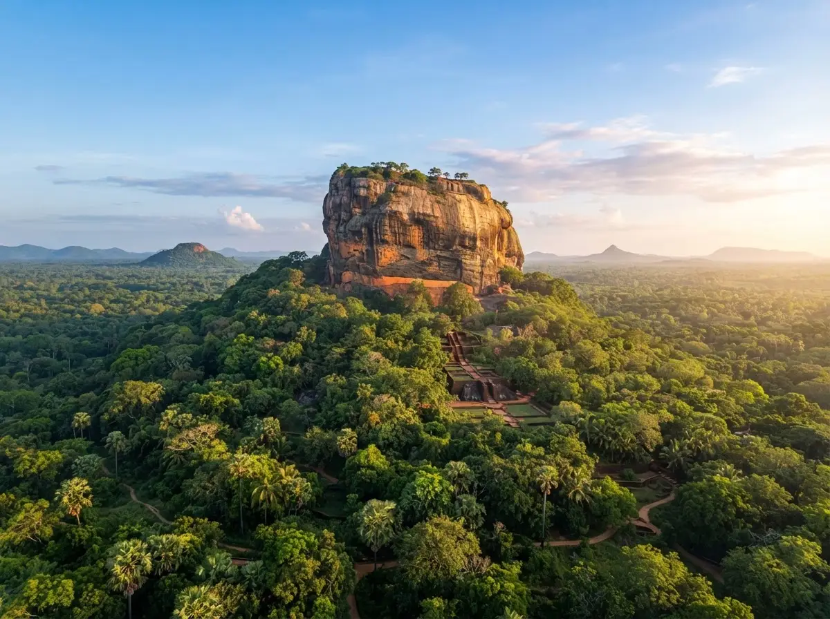 Sigiriya Lion Rock fortress rising above the jungle at sunrise