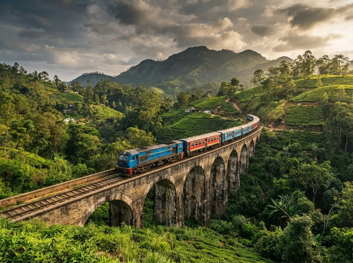 Train crossing the Nine Arches Bridge in Ella surrounded by tea plantations