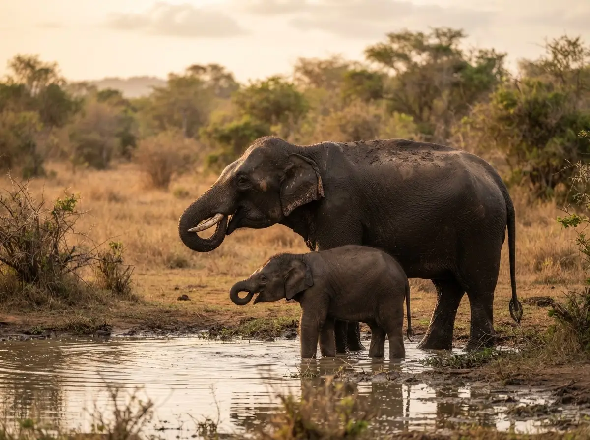 Wild elephants at a watering hole in Yala National Park