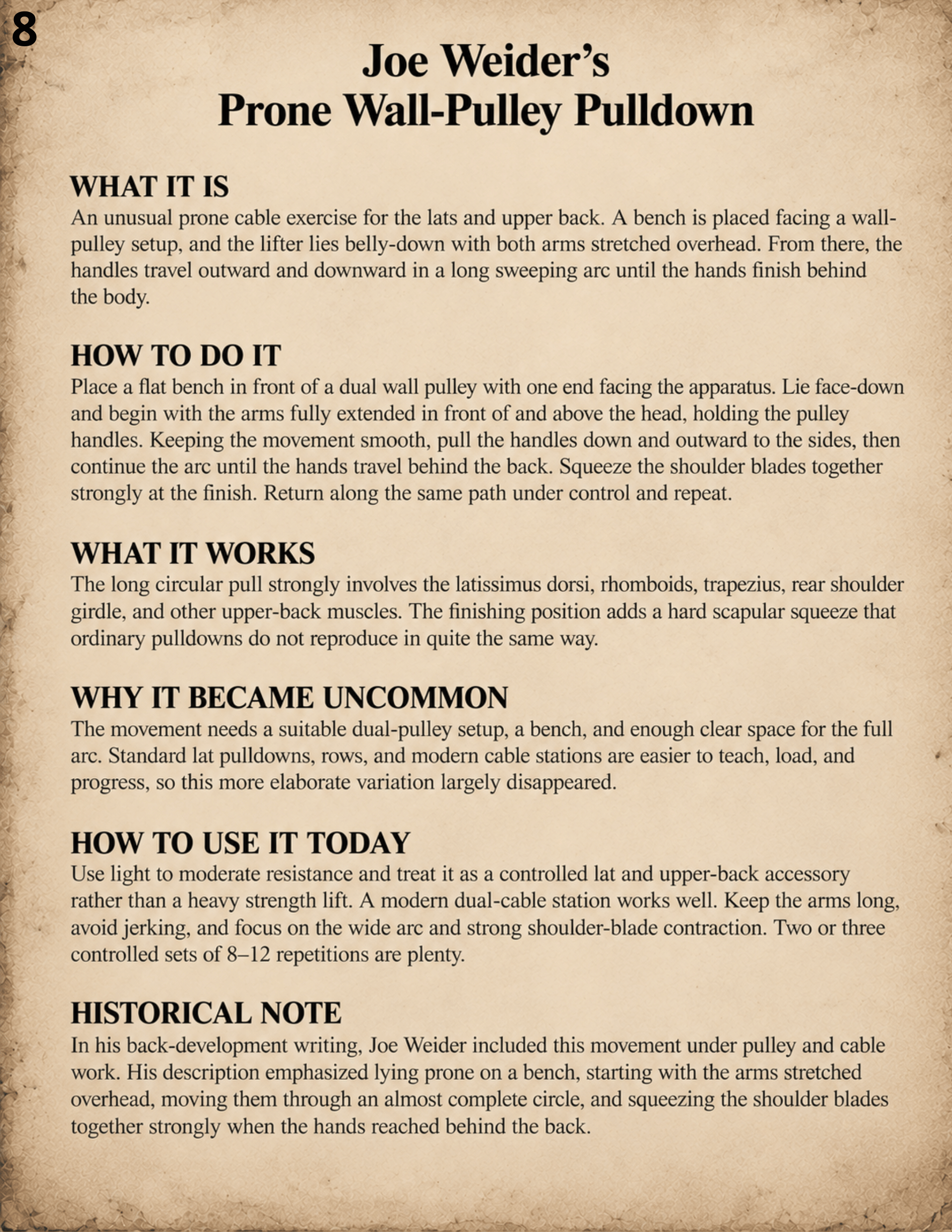 Sample interior page from The Lost Iron Manual — written history, technique, and modern use for Joe Weider's Prone Wall-Pulley Pulldown
