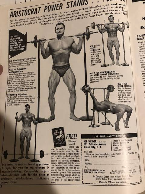 Archival advertisement for Aristocrat Power Stands — vintage Joe Weider era physical-culture source material, featuring adjustable power stands sold with a free booklet of exercises