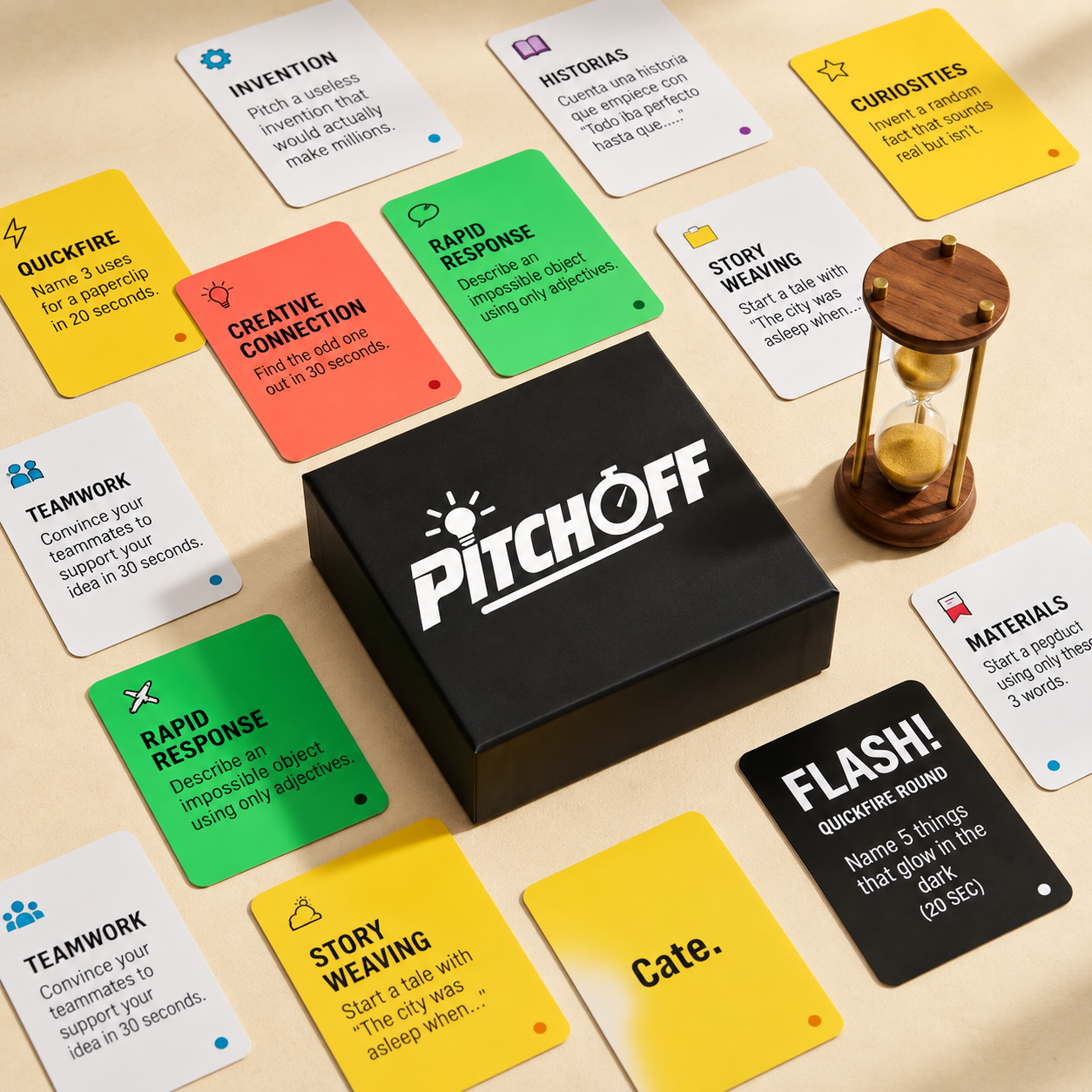 Flat-lay of PITCH OFF game contents: challenge cards, hourglass and game box