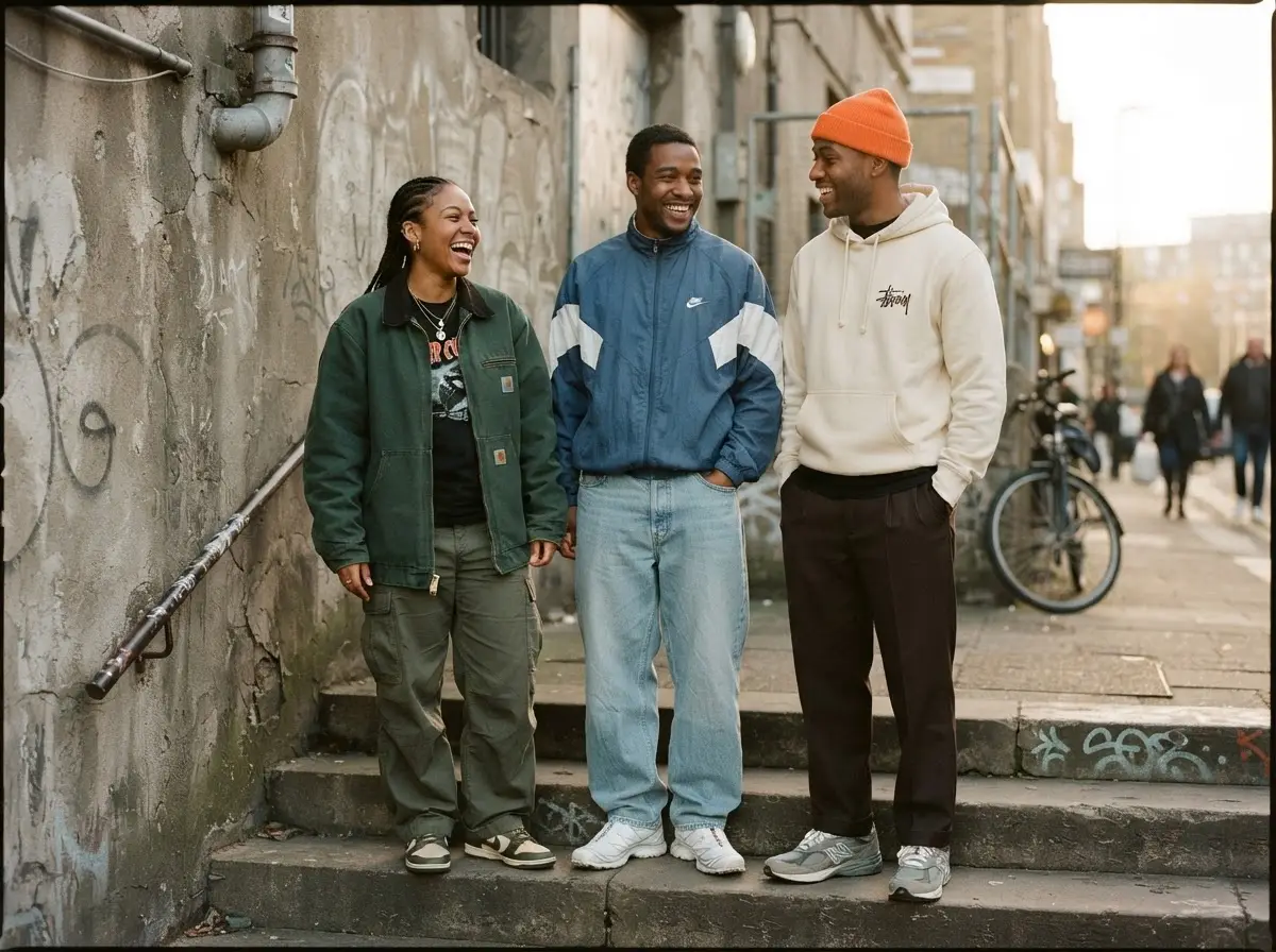 Dettaglio di gruppo streetwear: amici in outfit coordinati in uno spazio urbano