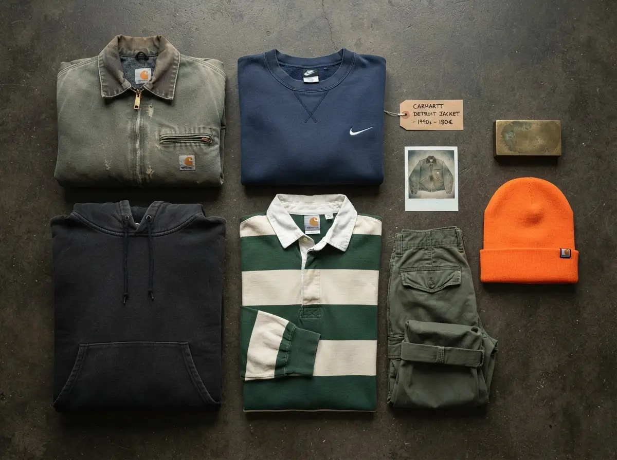 Composizione curata di capi streetwear piegati con cura su una superficie scura