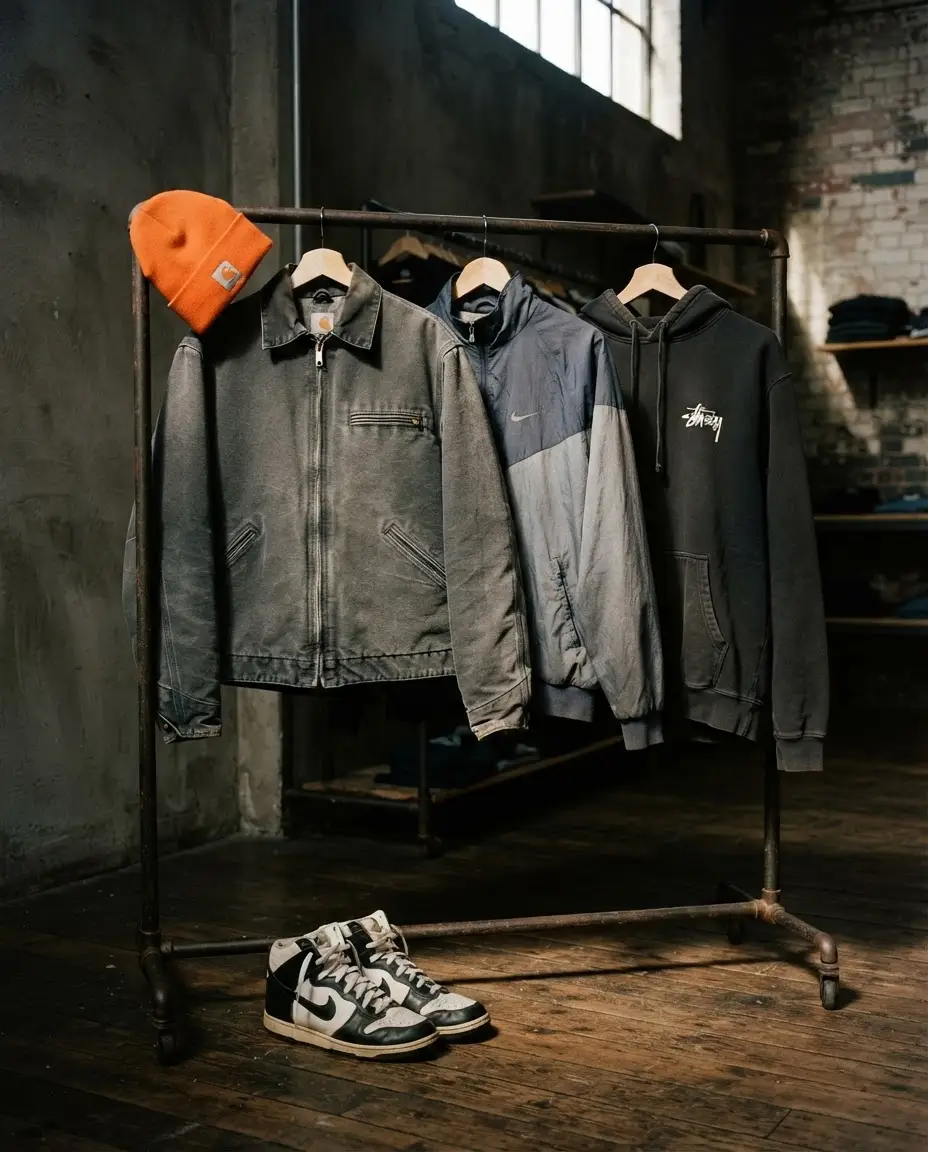 Composizione editoriale streetwear: outfit curato con giacca vintage e dettagli tessuto