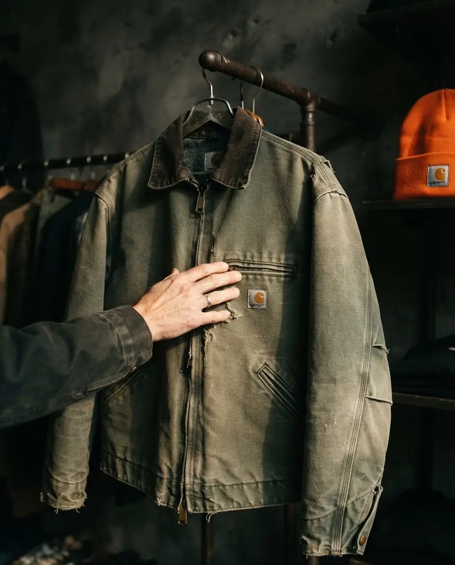 Dettaglio editoriale di una mano che tocca il tessuto di un capo vintage su un rack