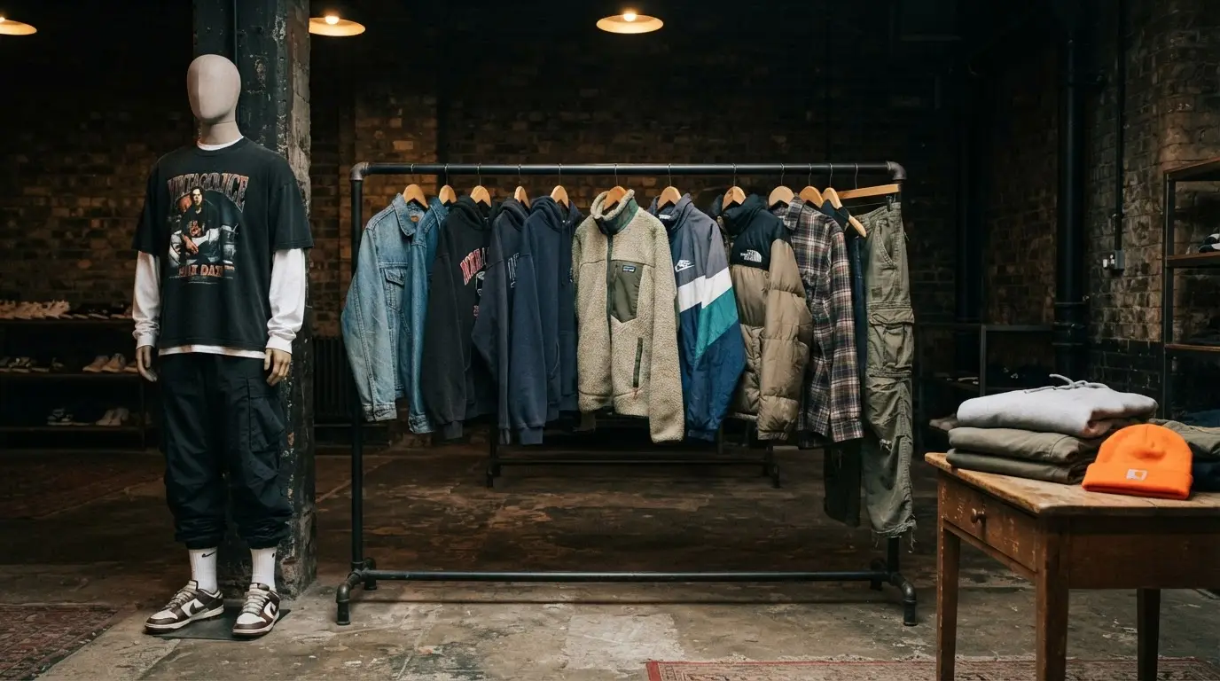 Rack curato di capi streetwear in uno spazio espositivo underground